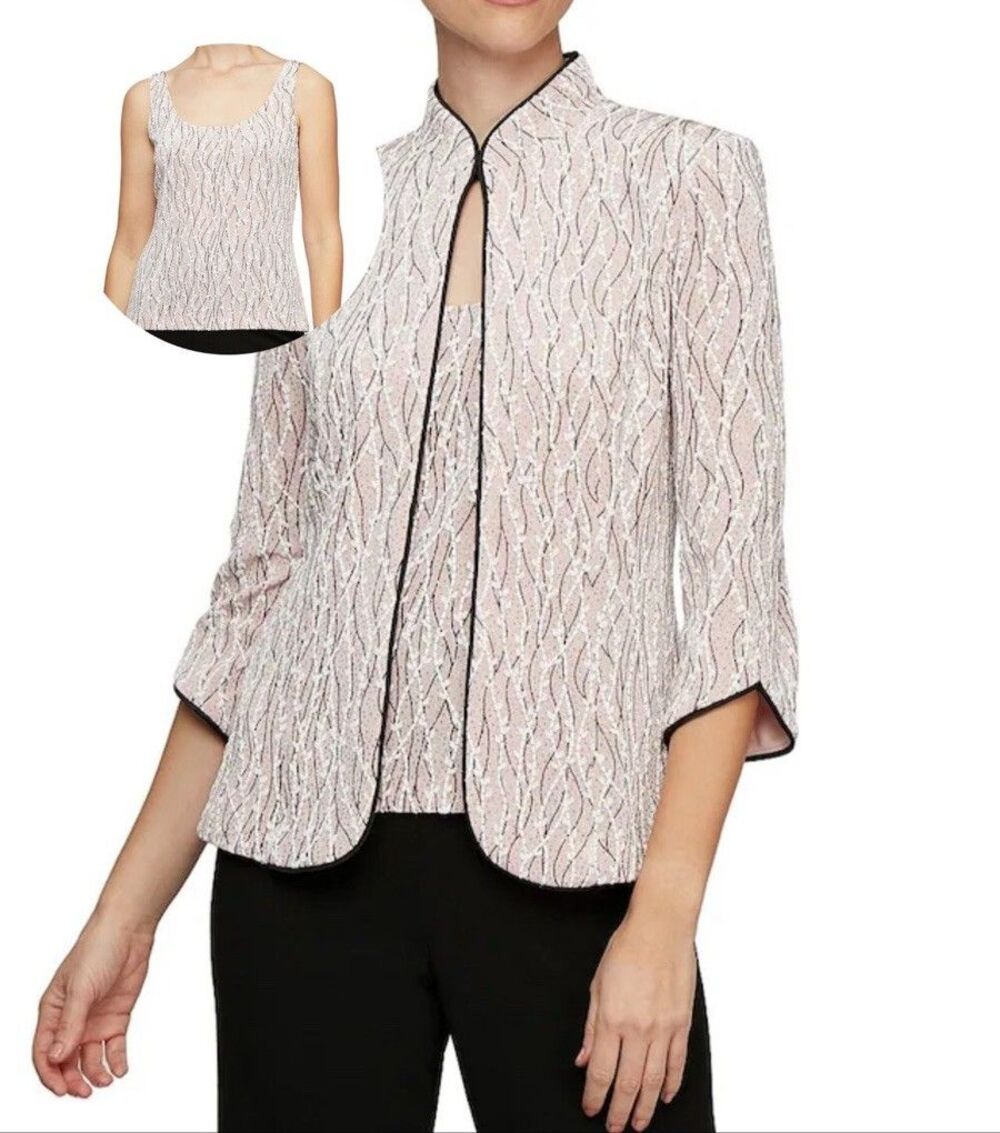 Alex Evenings 2-Piece Twinset Jacket & Tank Top M Pink Glitter Paisley NWT $159